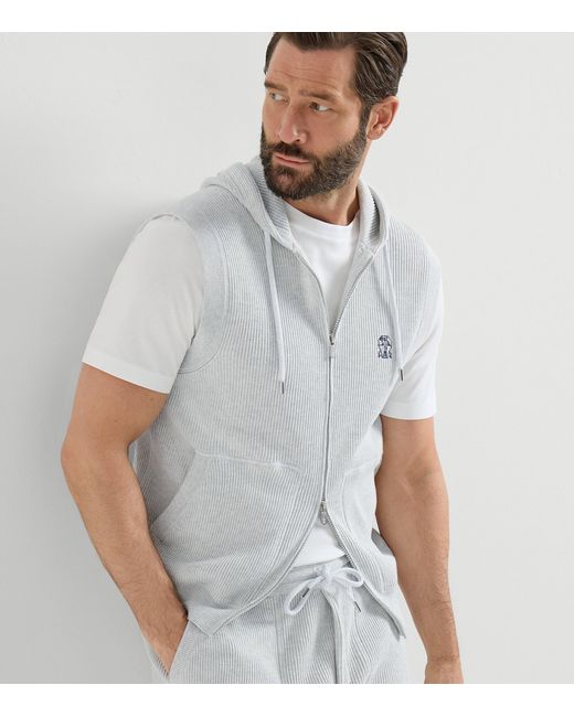 Brunello Cucinelli White Cotton Rib-Knit Sleeveless Hoodie for men