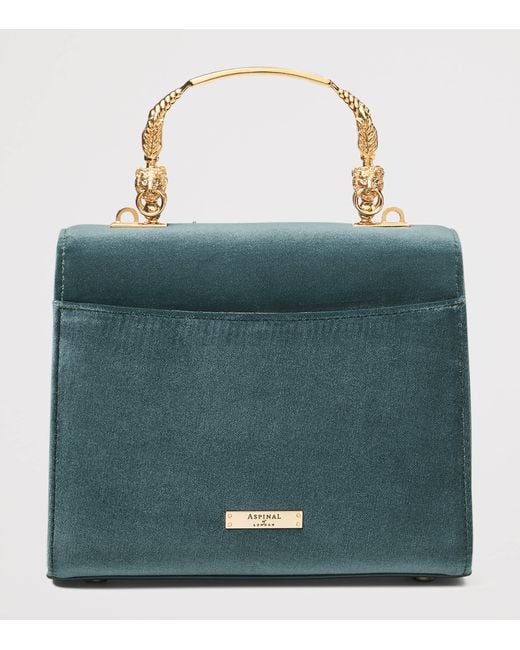 Aspinal Blue Midi Velvet Floral Embroidered Mayfair Bag