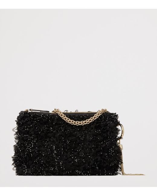 Jimmy Choo Black Callie Petal-Embroidered Satin Clutch Bag