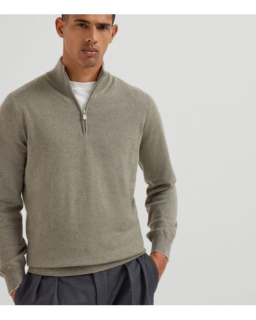 Brunello Cucinelli Gray Cashmere Quarter-Zip Sweater for men