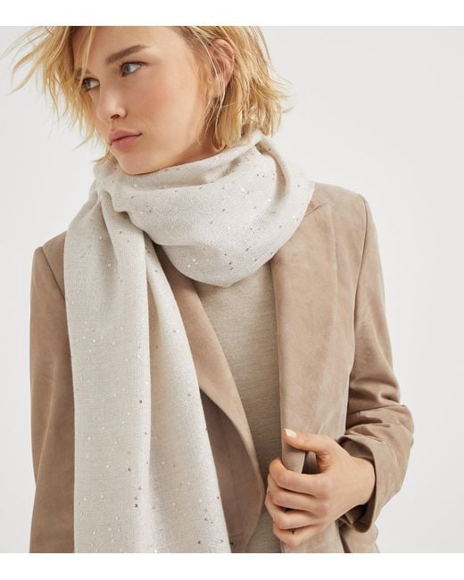 Brunello Cucinelli White Cashmere-Silk Diamond Yarn Sequin Scarf