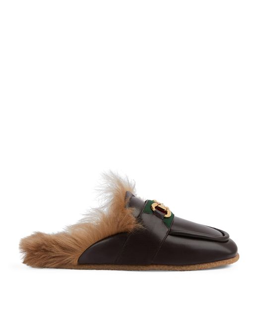 Gucci Brown Wool-lined Horsebit Slippers for men
