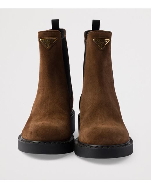 Prada Brown Suede Triangle Chelsea Boots