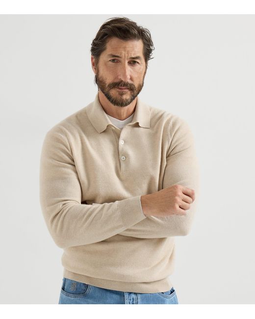 Brunello Cucinelli White Cashmere Polo Sweater for men