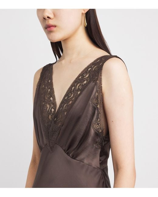 Sandro Brown Satin Lace-Trim Maxi Dress