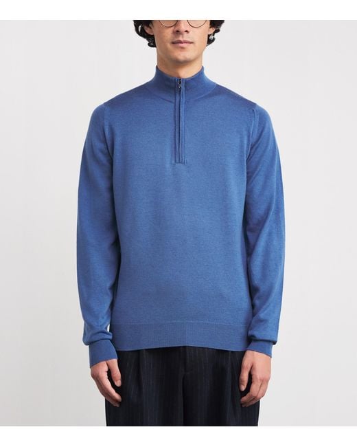 John Smedley Blue Extra Fine Merino Wool Half-Zip Tapton Sweater for men