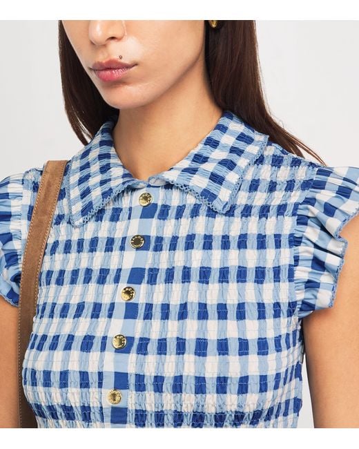 Sandro Blue Gingham Smocked Top