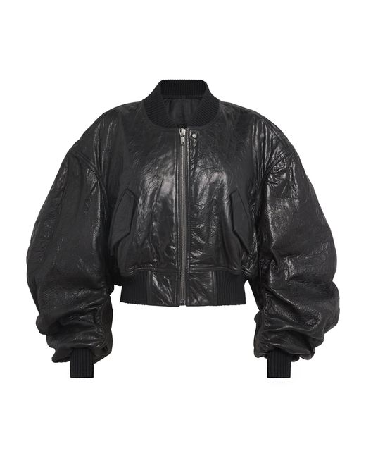 Rick Owens Black Crinkled Leather Bomber Jacket