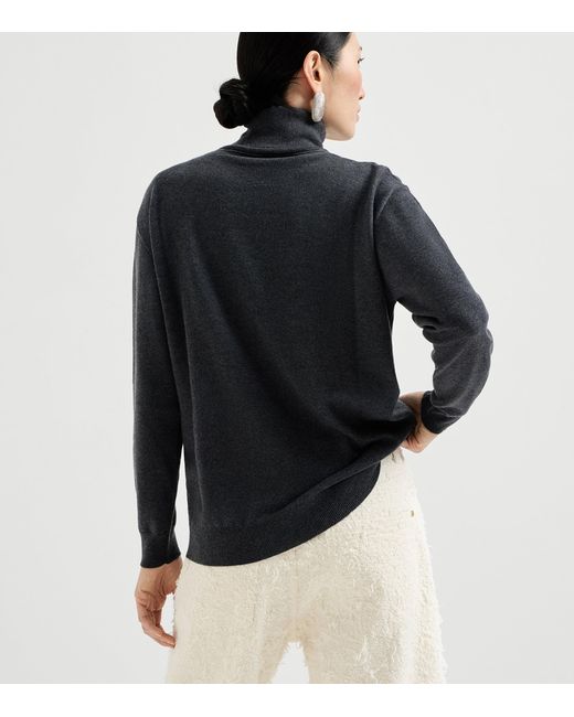 Brunello Cucinelli Blue Cashmere Monili-Trim Rollneck Sweater