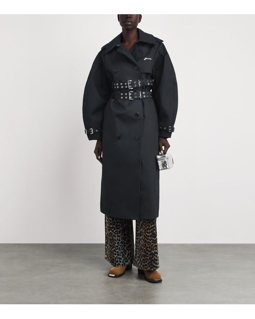 Ganni Black Organic Cotton Belted Trench Coat