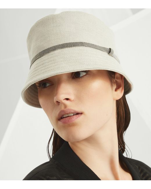 Brunello Cucinelli White Linen Lamé-Effect Bucket Hat