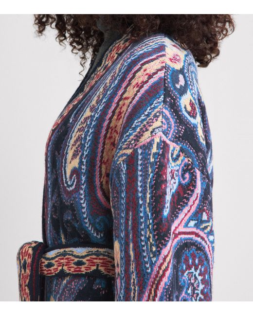 Etro Blue Paisley Waist-Belt Cardigan