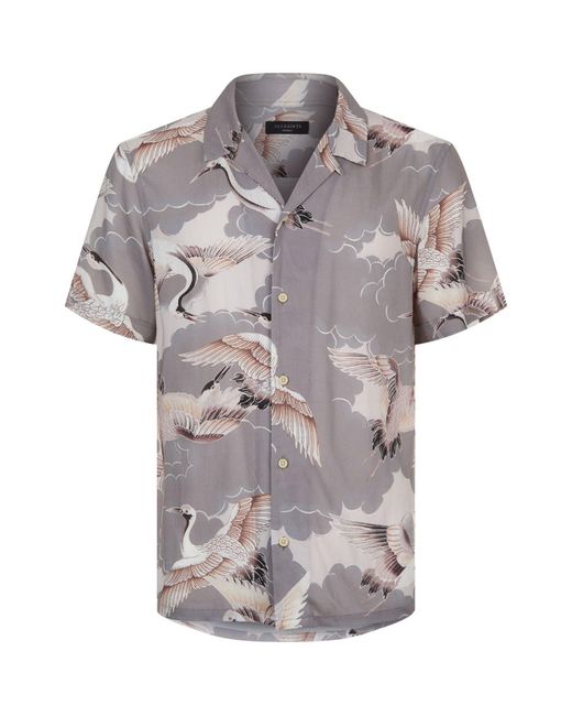 AllSaints Gray Romaji Stork Printed Short Sleeve Shirt for men