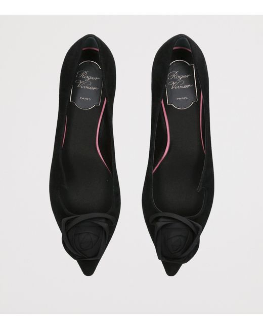 Roger Vivier Black Suede I Love Vivier Rose Ballet Flats