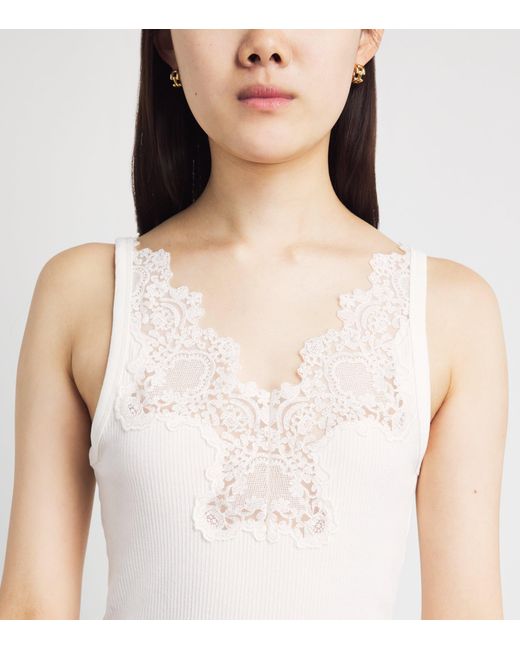Sandro White Ribbed Lace-Trim Tank Top