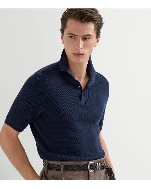 Brunello Cucinelli Blue Cotton Rib-Knit Polo Shirt for men
