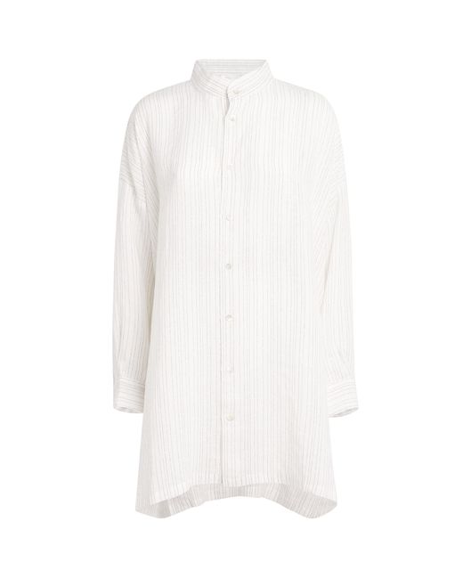 Eskandar White Linen-Blend Collarless Stripe Shirt