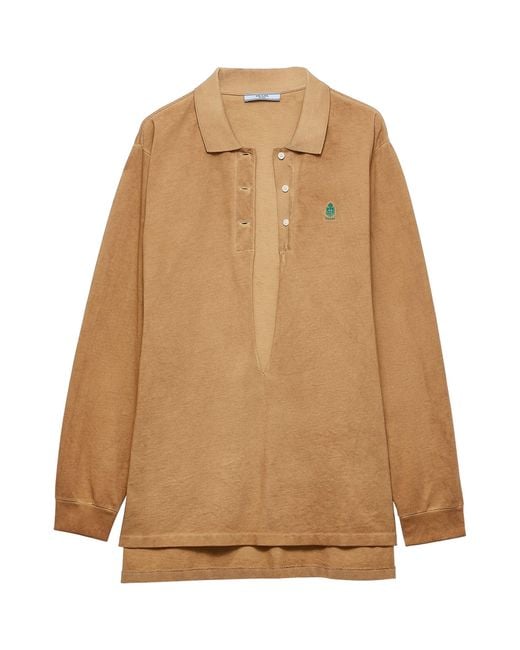Prada Natural Cotton Piqué Plunge-Neck Polo Shirt