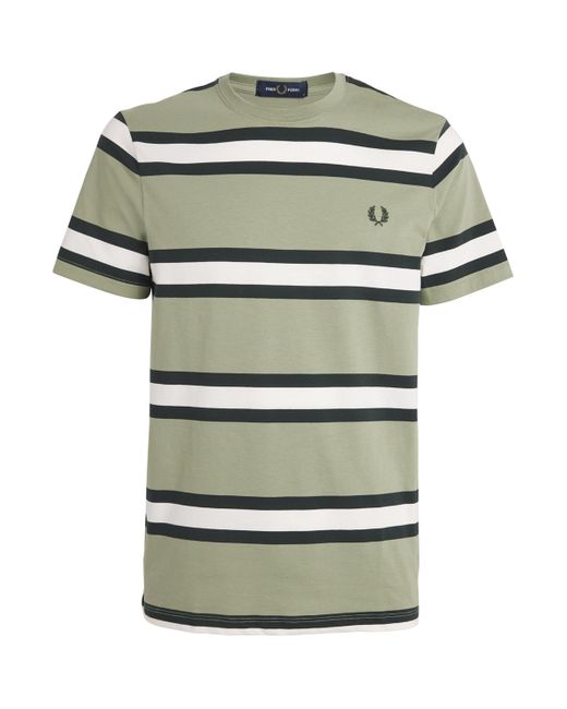 Fred Perry Green Cotton Stripe Laurel Wreath T-Shirt for men