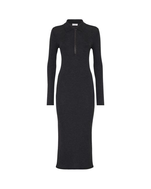Brunello Cucinelli Black Virgin Wool-cashmere Midi Dress