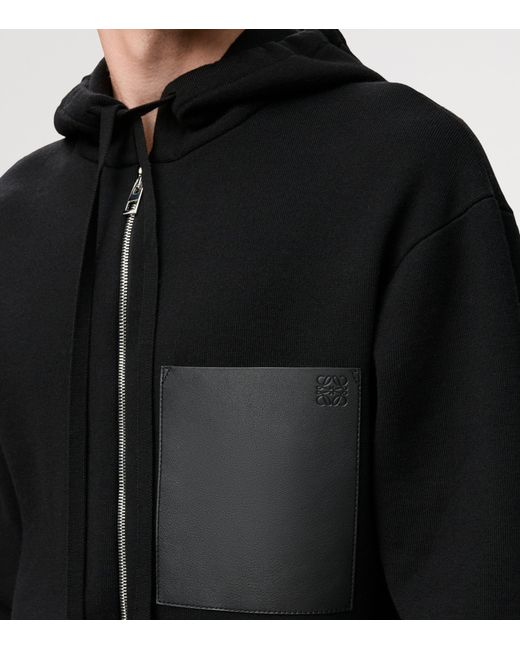 Loewe Black Wool-Blend Leather-Pocket Hoodie for men