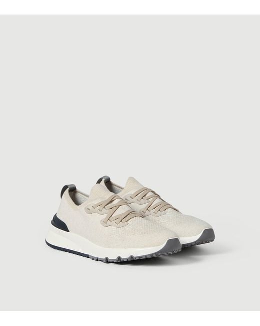 Brunello Cucinelli White Cotton-Blend Chiné-Knit Sneakers for men