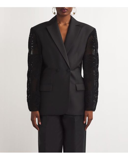 Magda Butrym Black Silk Crochet-Sleeve Blazer