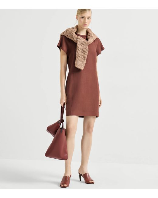Brunello Cucinelli Brown Twill Monili-Detail Mini Dress