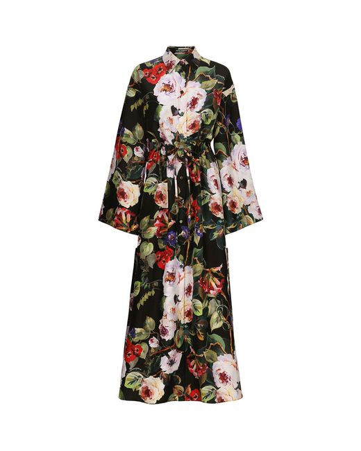 Dolce & Gabbana Black Silk Floral Shirt Dress