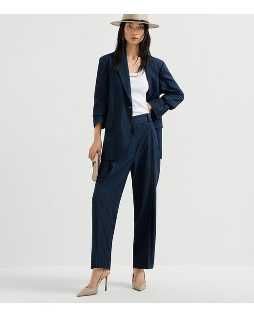 Brunello Cucinelli Blue Chalk Stripe Belted Blazer