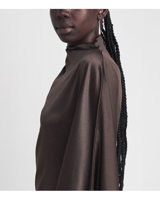 De La Vali Brown Satin One-Shoulder Odaluna Maxi Dress