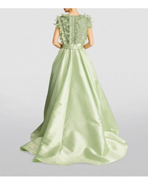Pamella Roland Green Embellished Bodice Feather-trim Gown