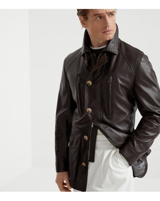 Brunello Cucinelli Black Nappa Leather Overcoat for men
