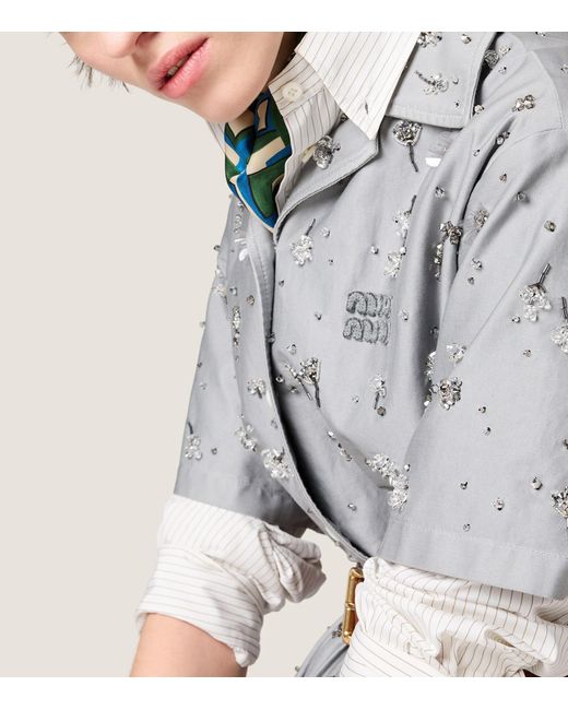 Miu Miu Gray Cotton Satin Embellished Midi Shirt Dress