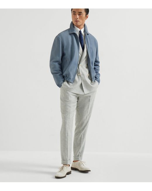 Brunello Cucinelli Blue Nubuck Leather Zip-Up Jacket for men