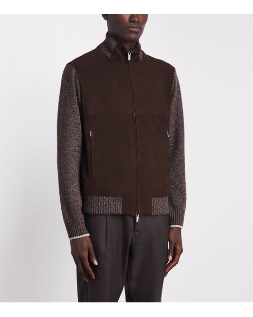 Paul & Shark Brown Suede Knitted-Sleeve Jacket for men