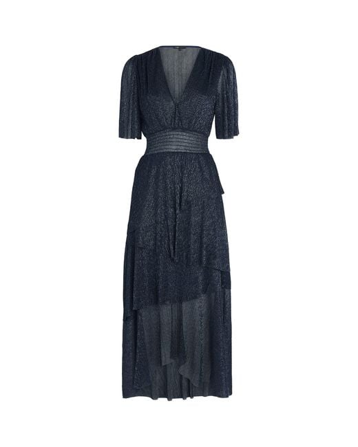 Maje Blue Metallic Pleated Midi Dress