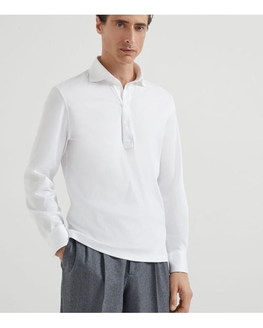 Brunello Cucinelli White Cotton Long-Sleeve Polo Shirt for men
