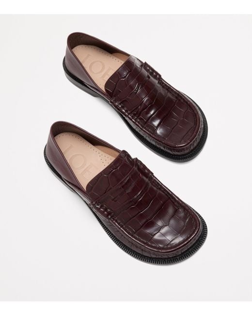 Loewe Brown Calfskin Croc-Embossed Campo Loafers