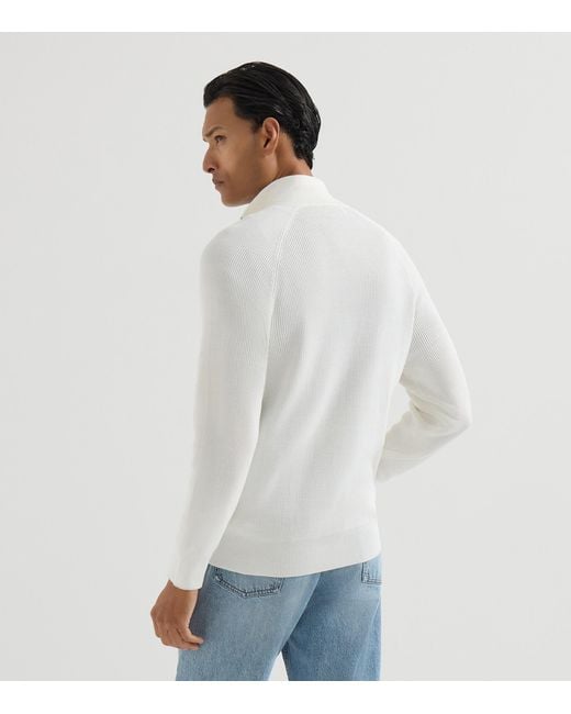 Brunello Cucinelli White Cotton Rib-Knit Quarter-Zip Sweater for men