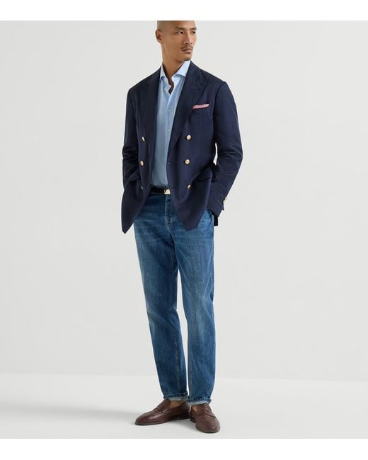 Brunello Cucinelli Blue Cotton Oxford Slim-Fit Shirt for men