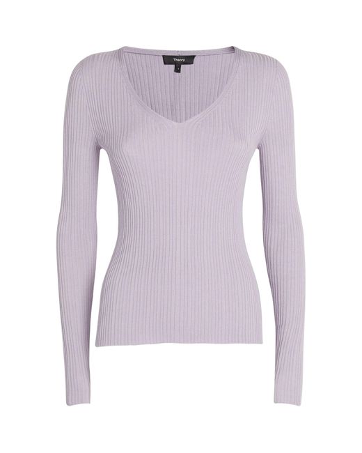 Theory Purple Wool-blend Ribbed V-neck Sweater