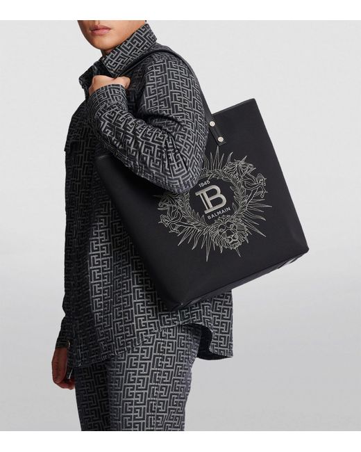 Balmain Black Embroidered Varsity Logo Tote Bag for men