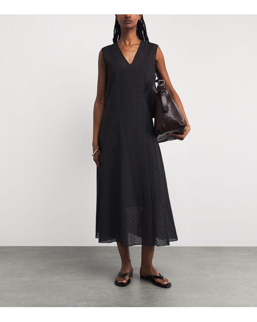 Theory Black Broderie Anglaise V-Neck Midi Dress