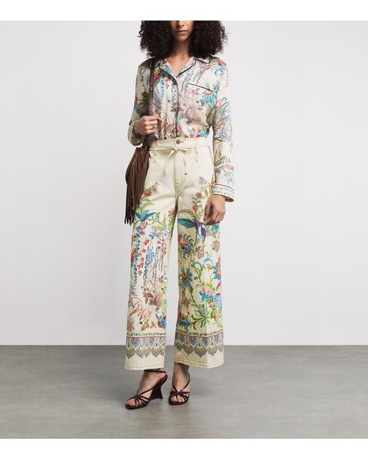 Etro White Bow-Tie Botanical Wide-Leg Jeans