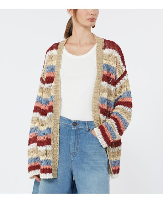 Weekend by Maxmara White Linen Open-Knit Stripe Cardigan