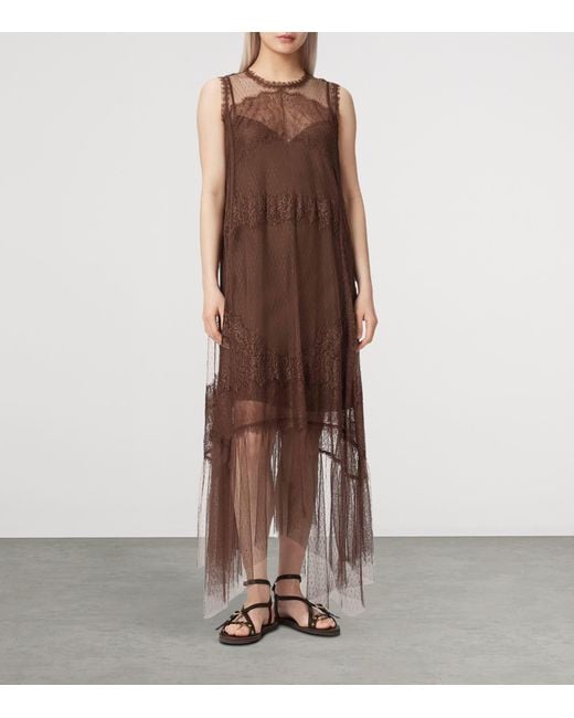 AllSaints Brown Tulle Lace-Trimmed Clara Midi Dress