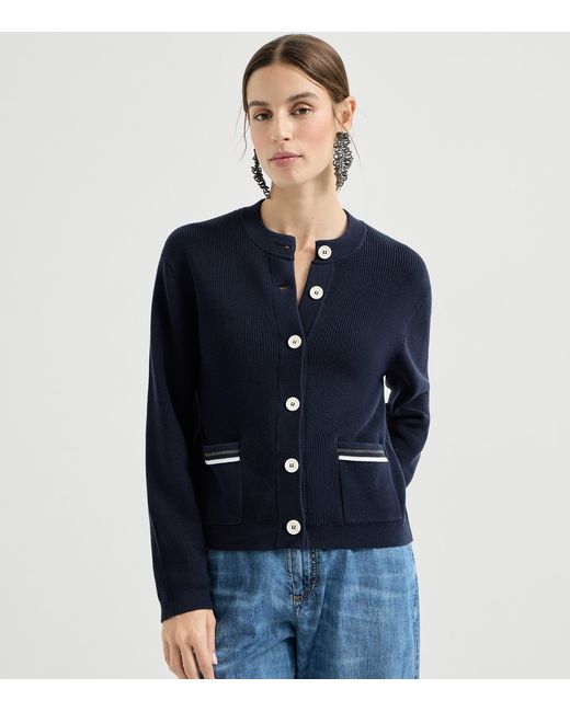 Brunello Cucinelli Blue Cotton Monili-Trim Cardigan