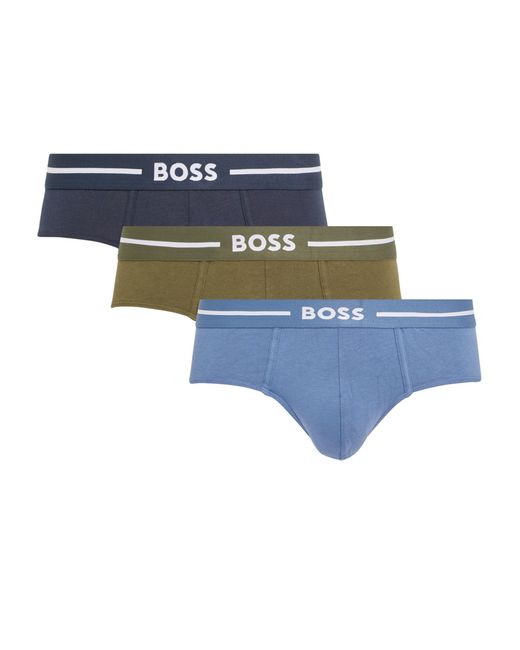 Boss Blue Stretch-cotton Logo Briefs (pack Of 3) for men
