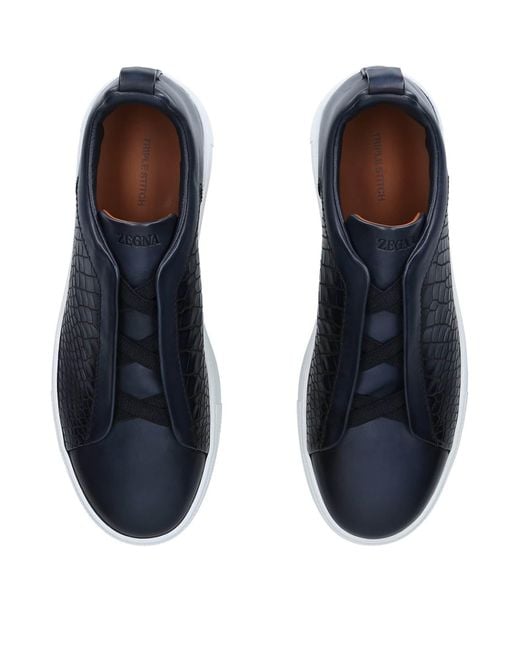 Zegna Blue Crocodile Leather Triple Stitch Sneakers for men